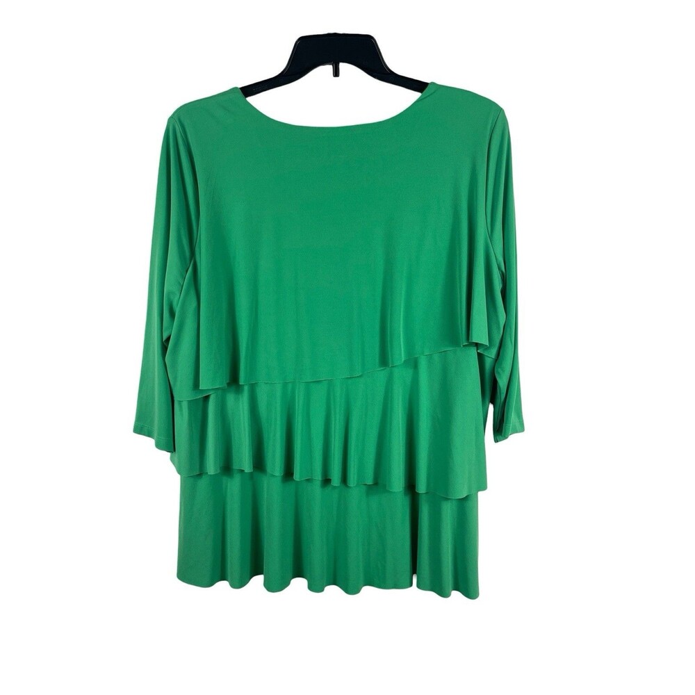 Susan Graver 1X Liquid Knit Tiered Ruffle Top Green Plus Size 3/4 Sleeve Stretch - Picture 4 of 12